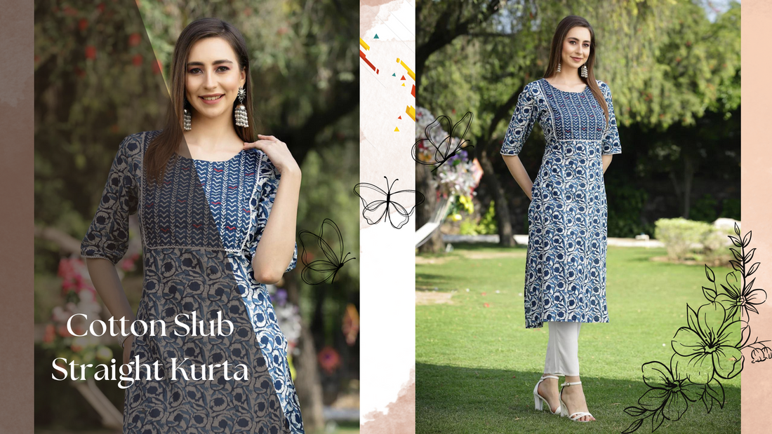 Women Cotton Indigo Stripe Sarvagna Print Kurti