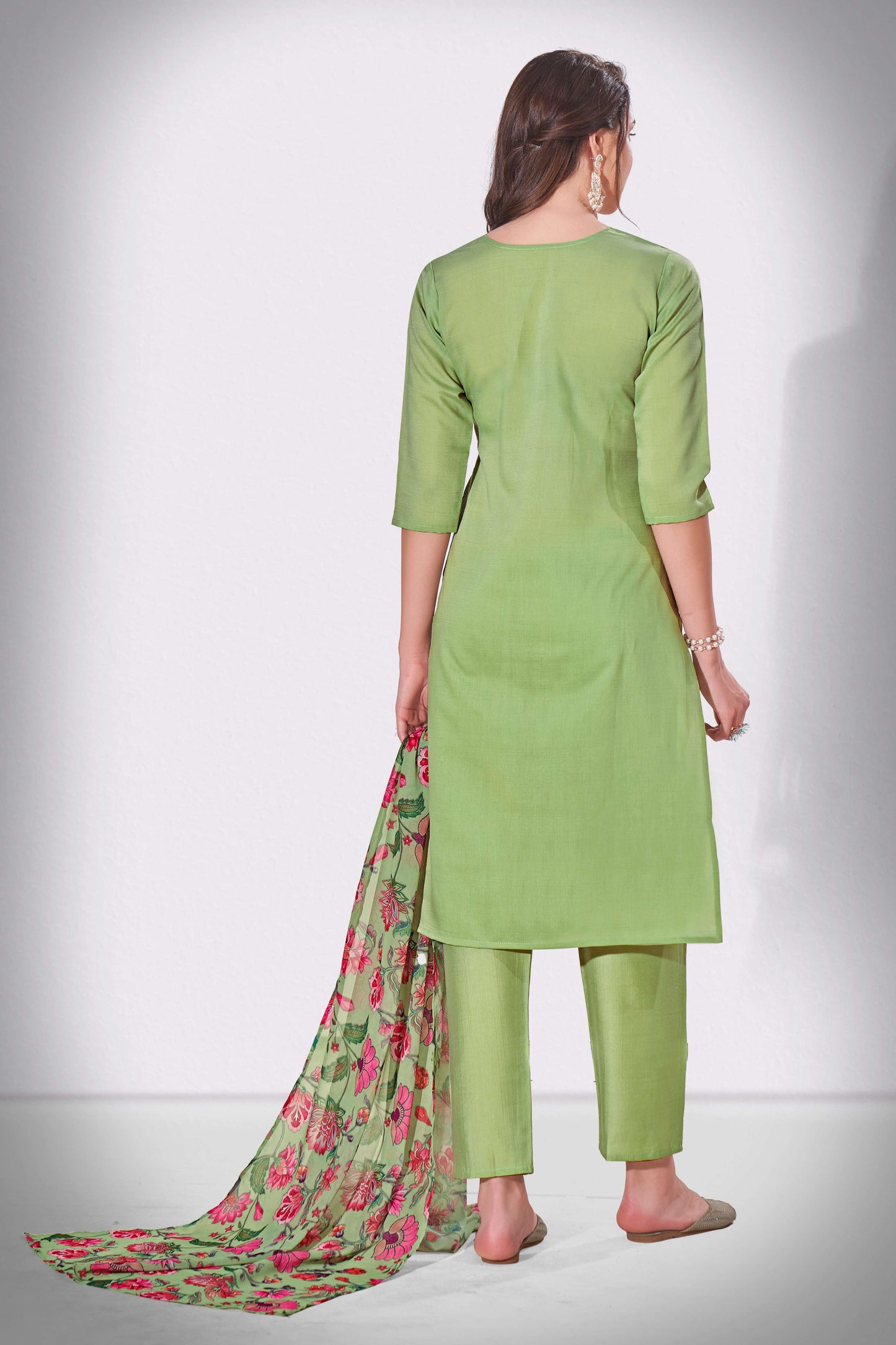 Locust Green Thread and Sequins Embroidered Kurti Set with Floral Dupatta