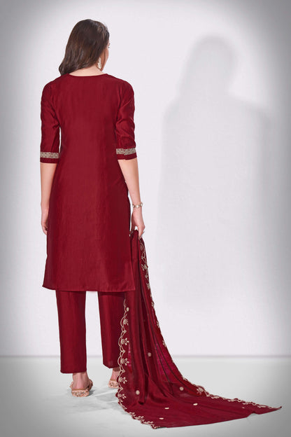 Merlot Maroon Falak Embroidered Kurti With Pant & Dupatta