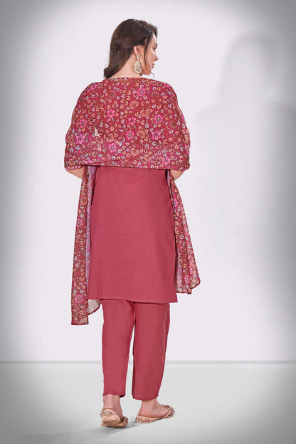 Night Shadz Pink Embroidered Thread Worked Premium Kurti Set with Printed Cotton Dupatta