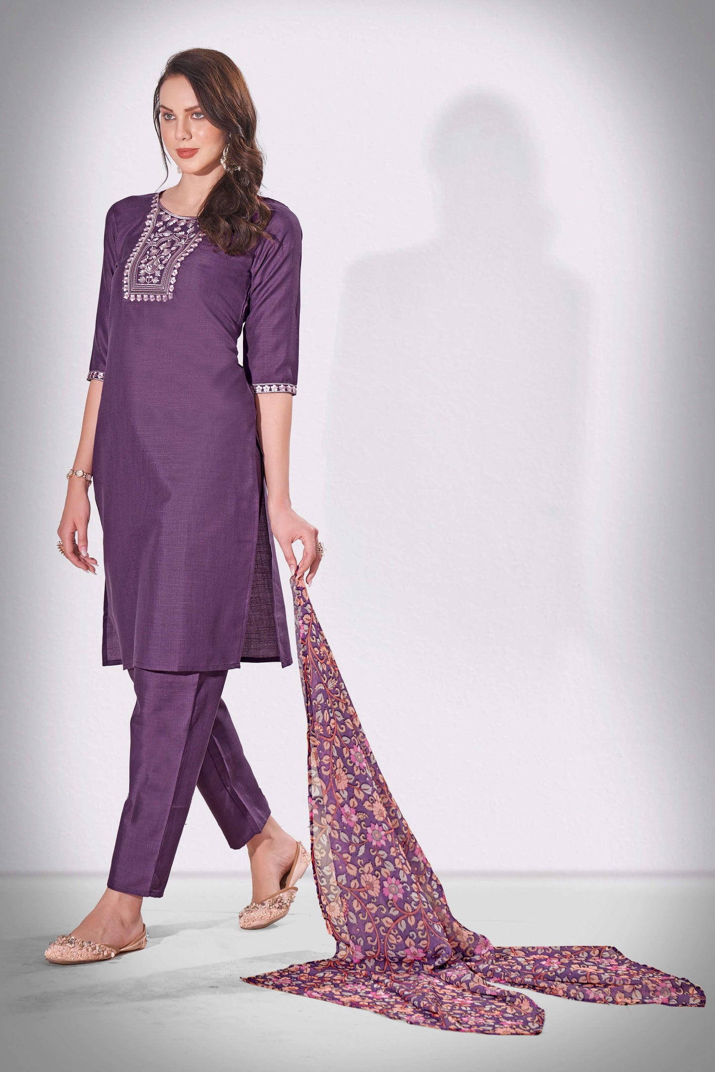 Voodoo Purple Embroidered Thread Worked Premium Kurti Set with Printed Cotton Dupatta