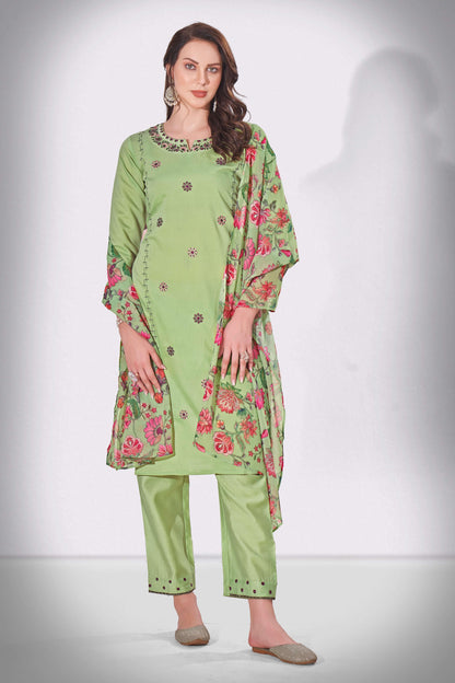 Locust Green Thread and Sequins Embroidered Kurti Set with Floral Dupatta