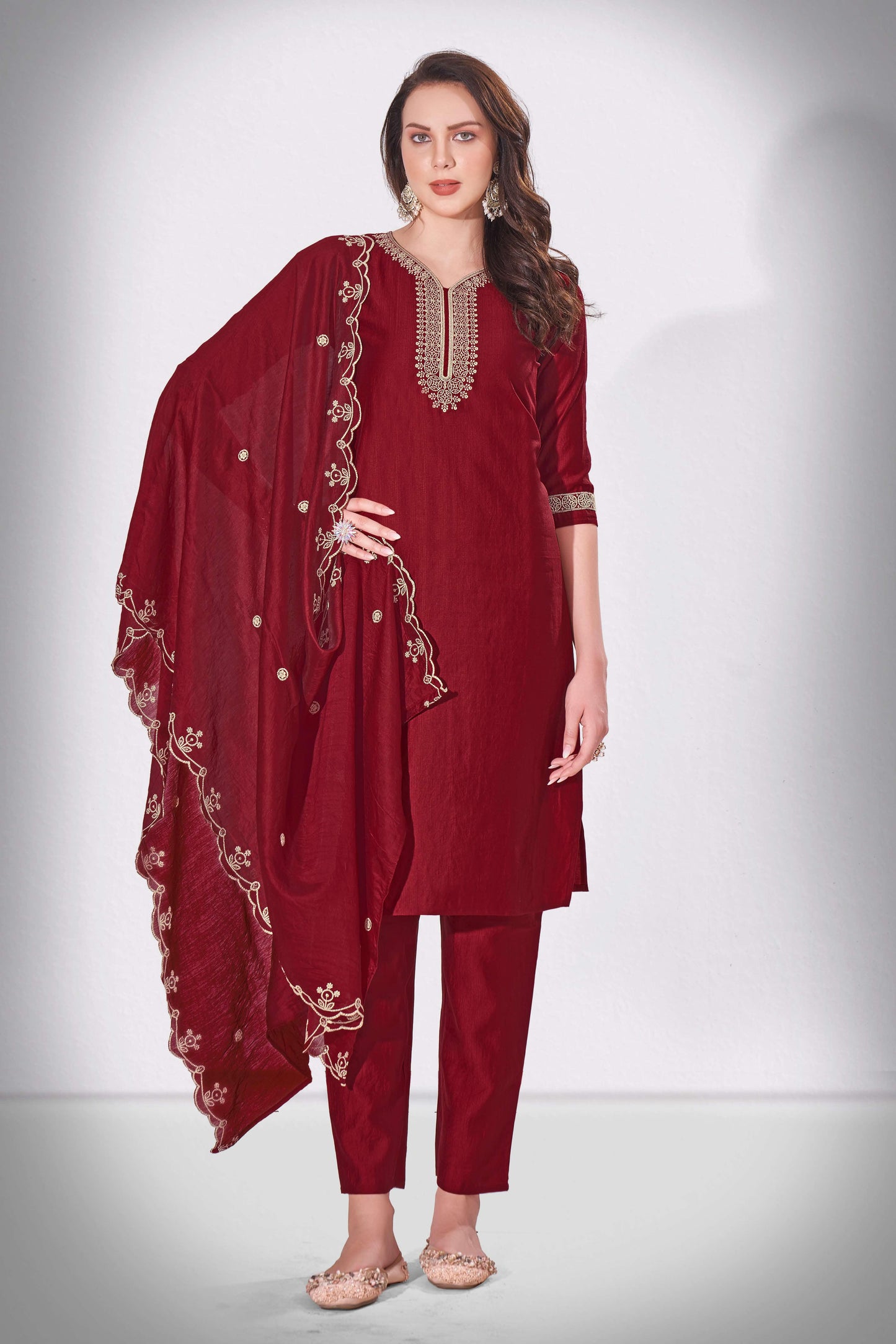 Merlot Maroon Falak Embroidered Kurti With Pant & Dupatta