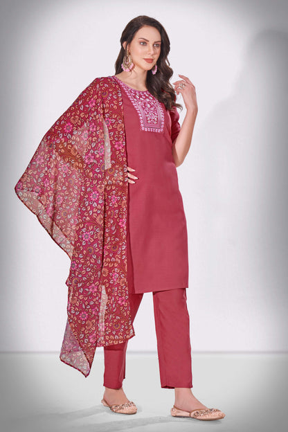 Night Shadz Pink Embroidered Thread Worked Premium Kurti Set with Printed Cotton Dupatta