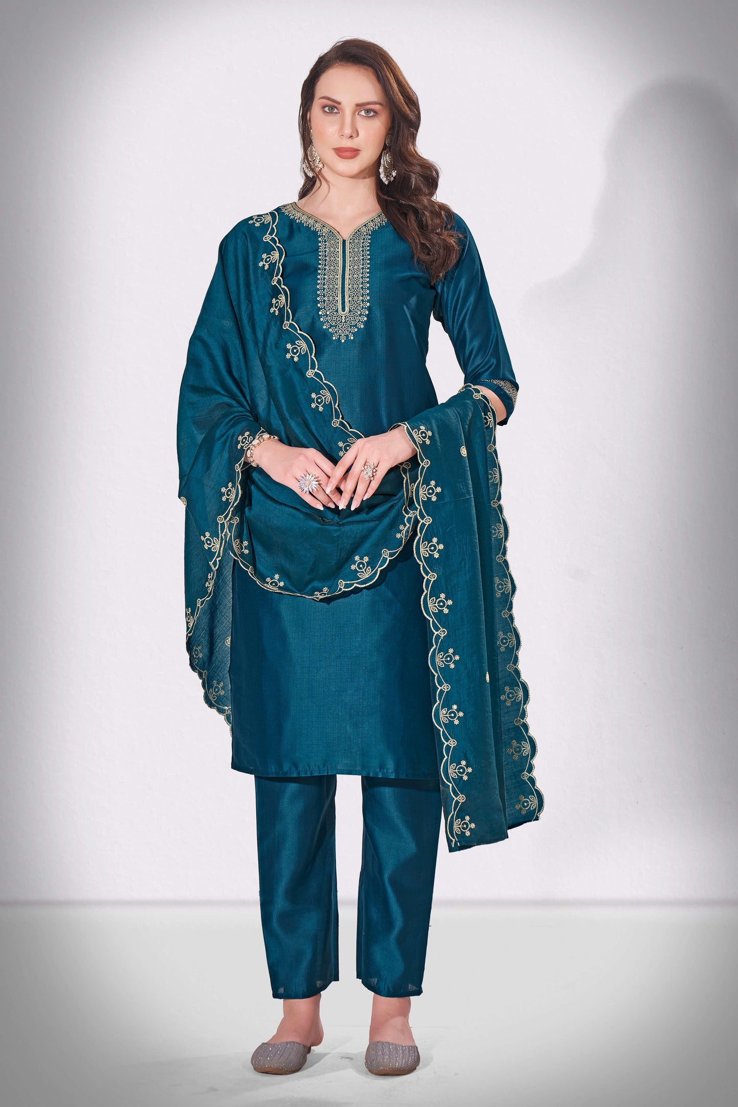 Nile Blue Falak Embroidered Kurti With Pant & Dupatta