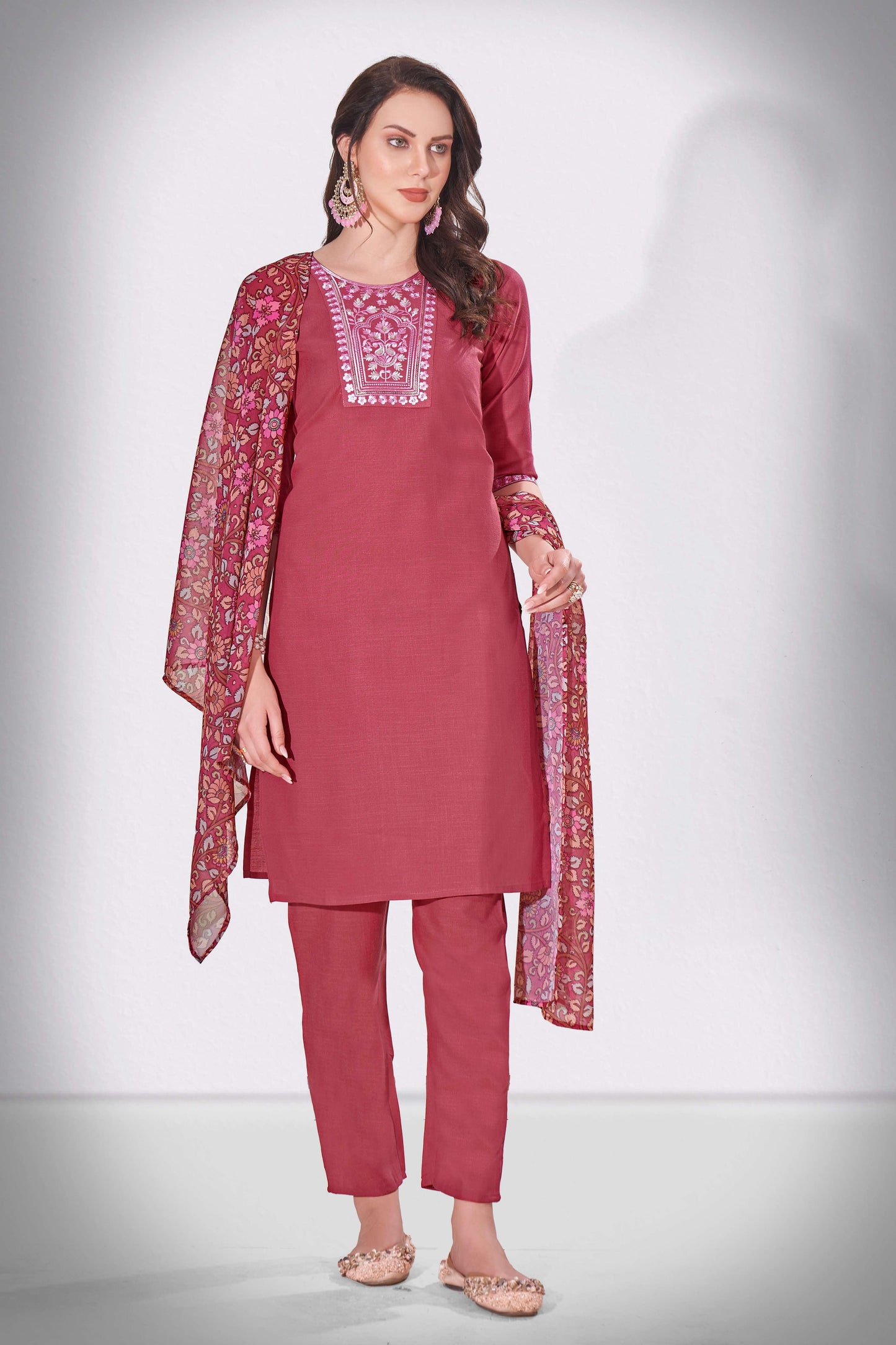 Night Shadz Pink Embroidered Thread Worked Premium Kurti Set with Printed Cotton Dupatta