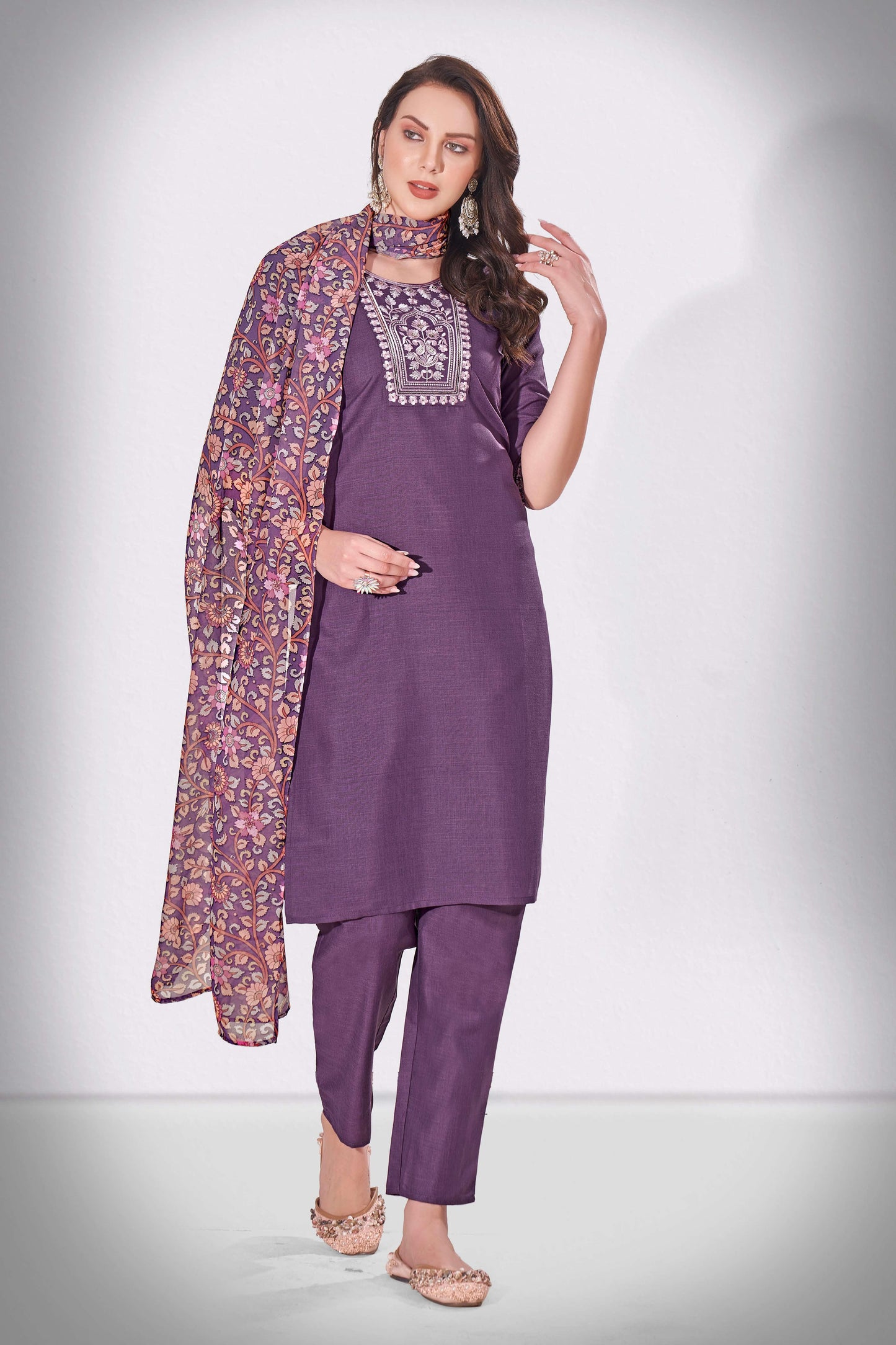 Voodoo Purple Embroidered Thread Worked Premium Kurti Set with Printed Cotton Dupatta