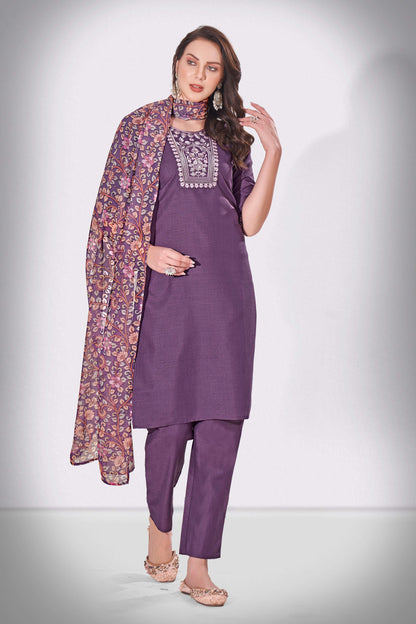 Voodoo Purple Embroidered Thread Worked Premium Kurti Set with Printed Cotton Dupatta