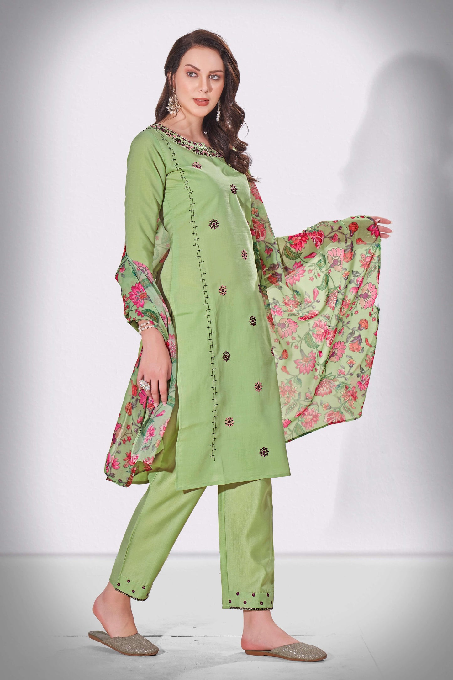 Locust Green Thread and Sequins Embroidered Kurti Set with Floral Dupatta