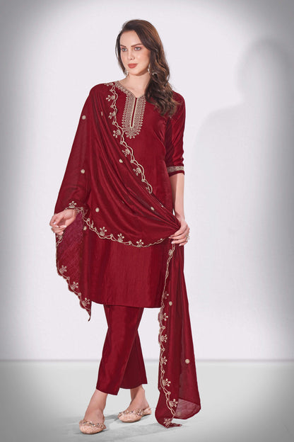 Merlot Maroon Falak Embroidered Kurti With Pant & Dupatta