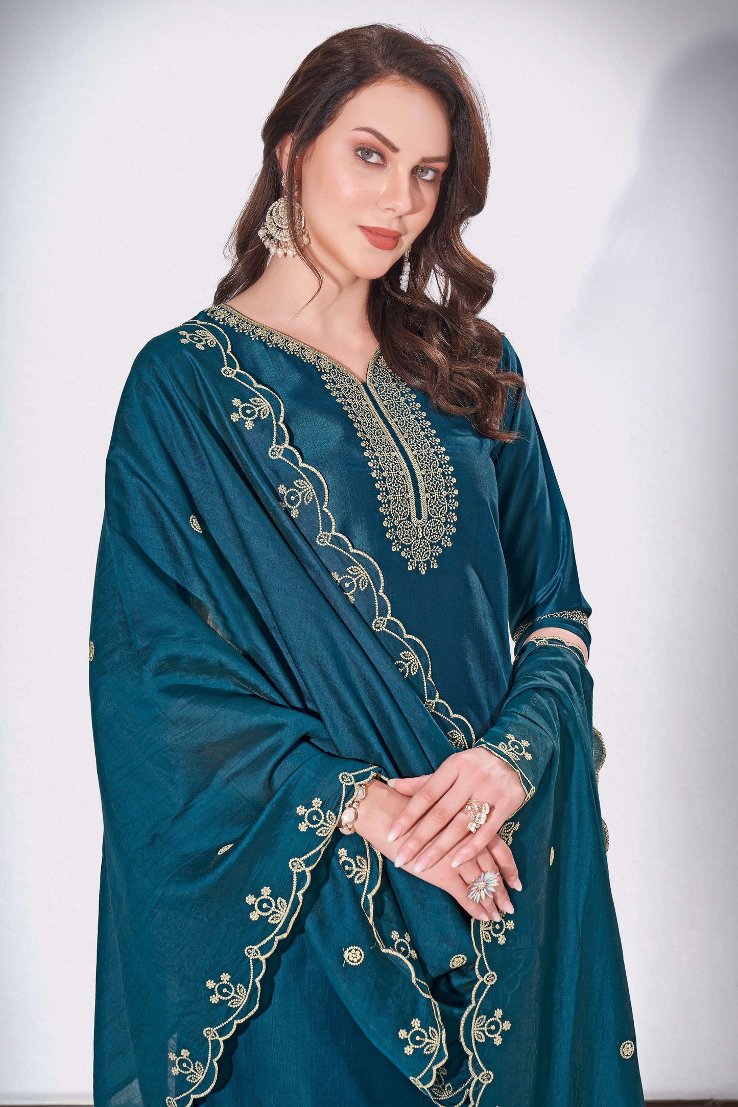 Nile Blue Falak Embroidered Kurti With Pant & Dupatta