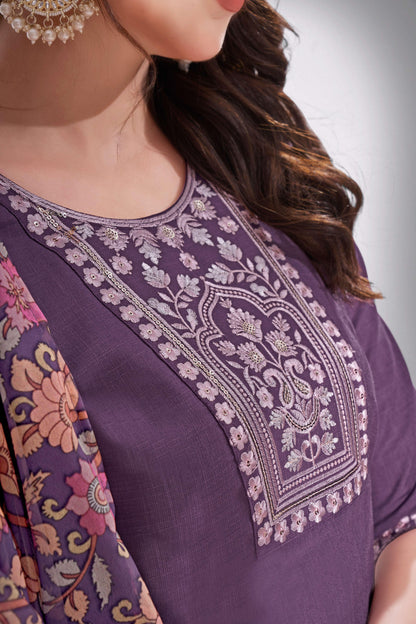 Voodoo Purple Embroidered Thread Worked Premium Kurti Set with Printed Cotton Dupatta