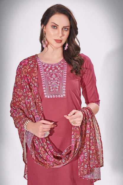 Night Shadz Pink Embroidered Thread Worked Premium Kurti Set with Printed Cotton Dupatta