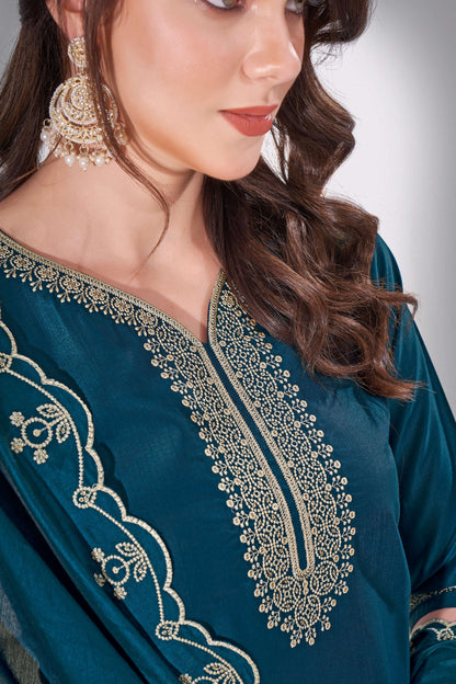 Nile Blue Falak Embroidered Kurti With Pant & Dupatta