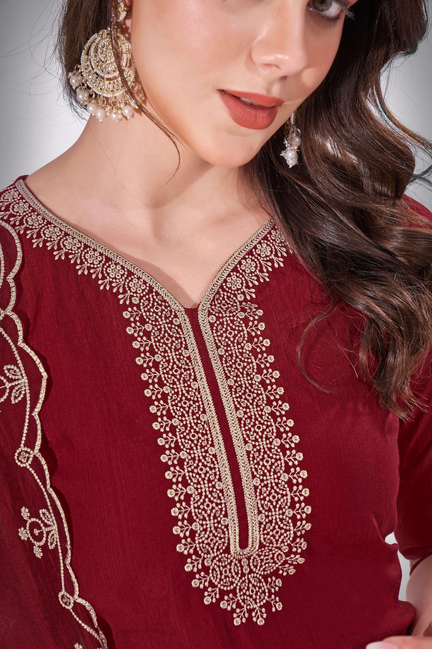 Merlot Maroon Falak Embroidered Kurti With Pant & Dupatta