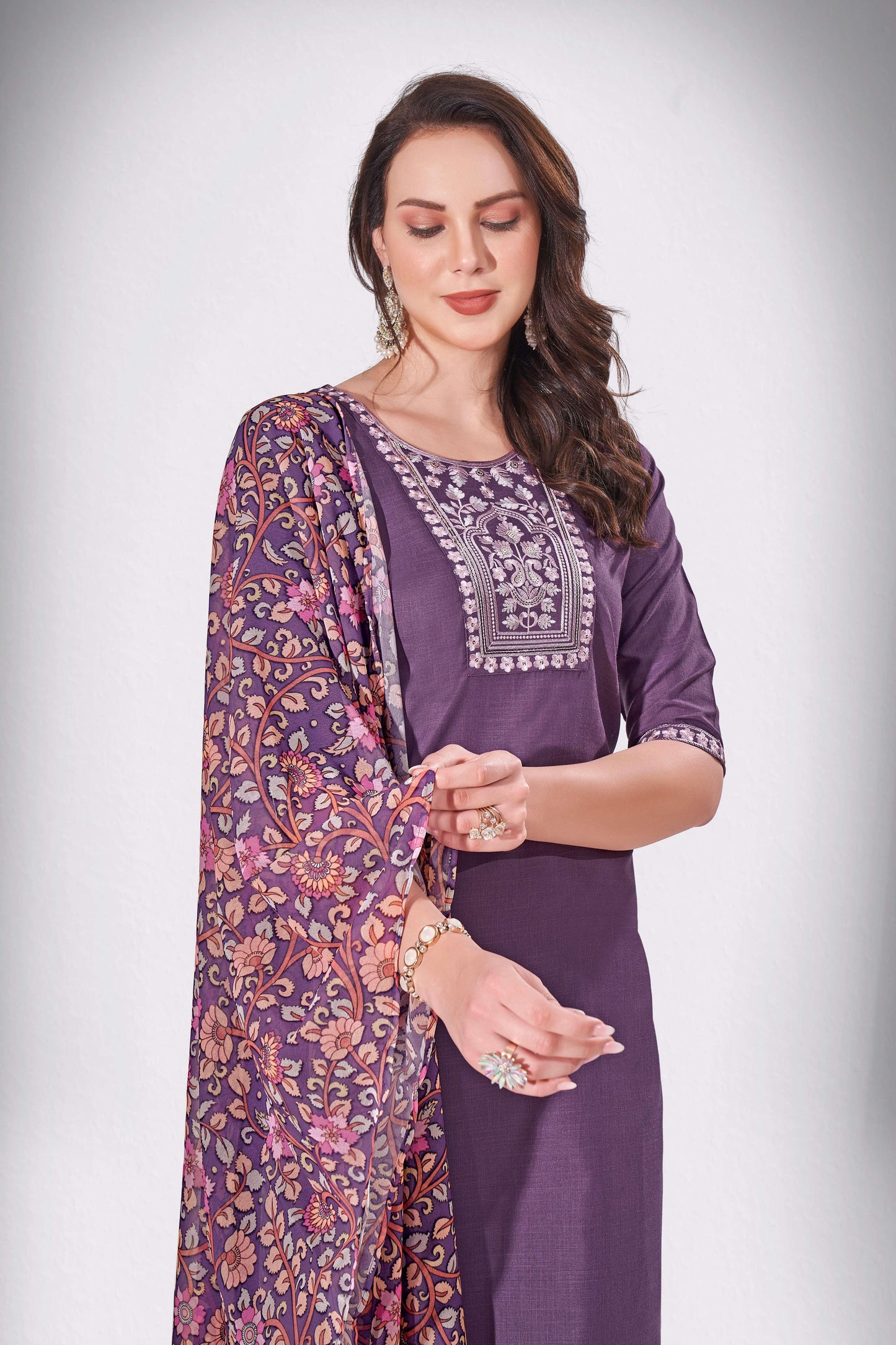 Voodoo Purple Embroidered Thread Worked Premium Kurti Set with Printed Cotton Dupatta