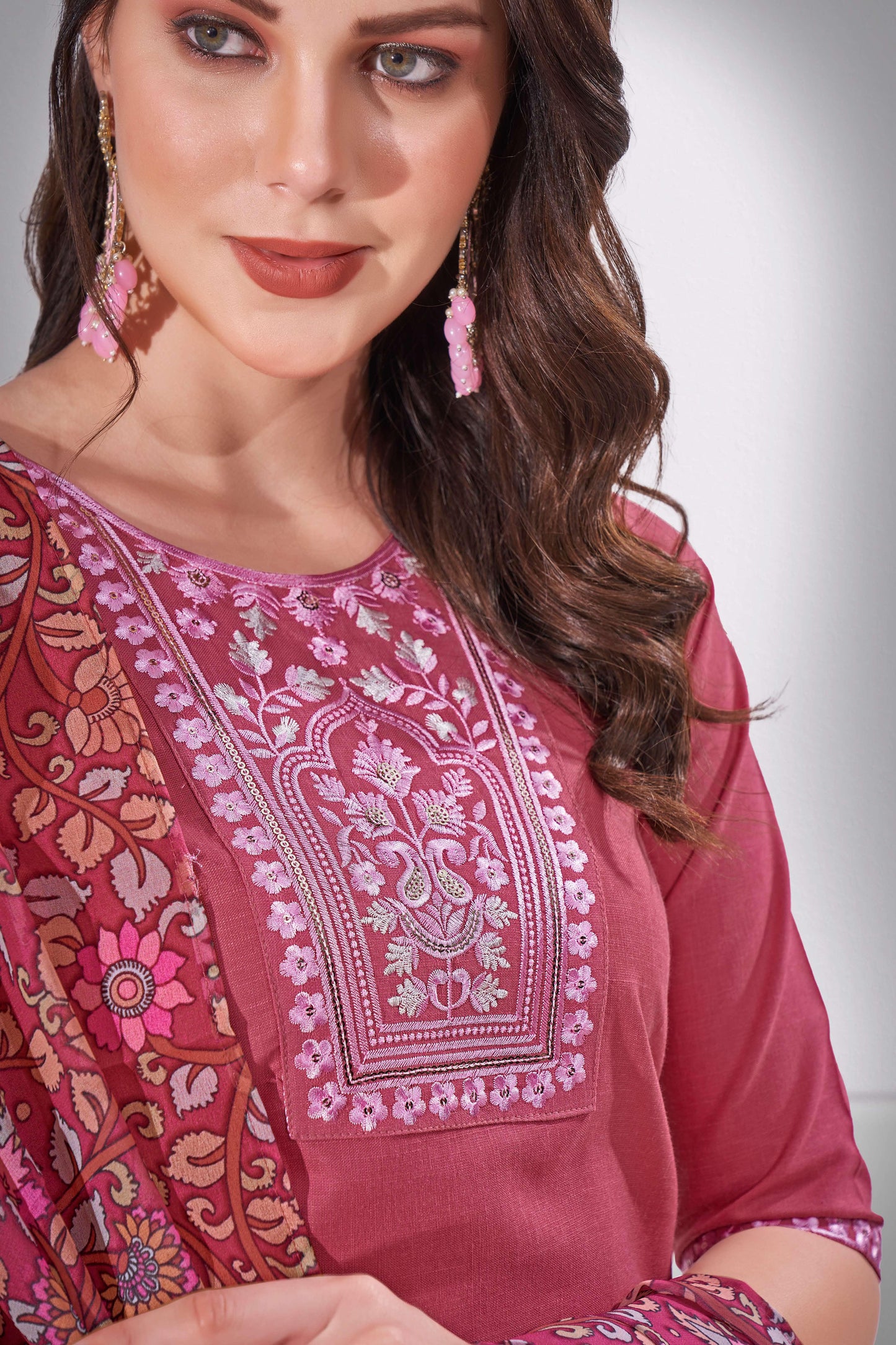 Night Shadz Pink Embroidered Thread Worked Premium Kurti Set with Printed Cotton Dupatta