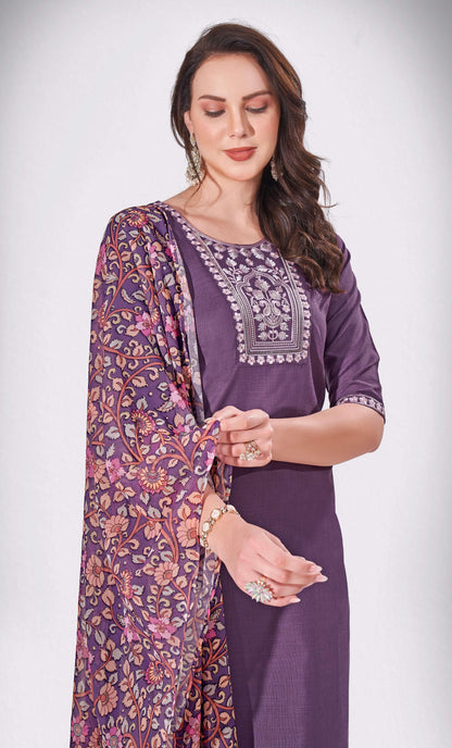 Voodoo Purple Embroidered Thread Worked Premium Kurti Set with Printed Cotton Dupatta