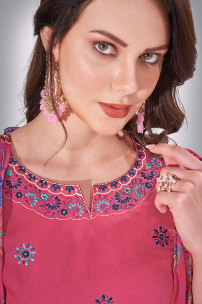 Cabaret Pink Revti Embroidered Kurti With Pant & Dupatta