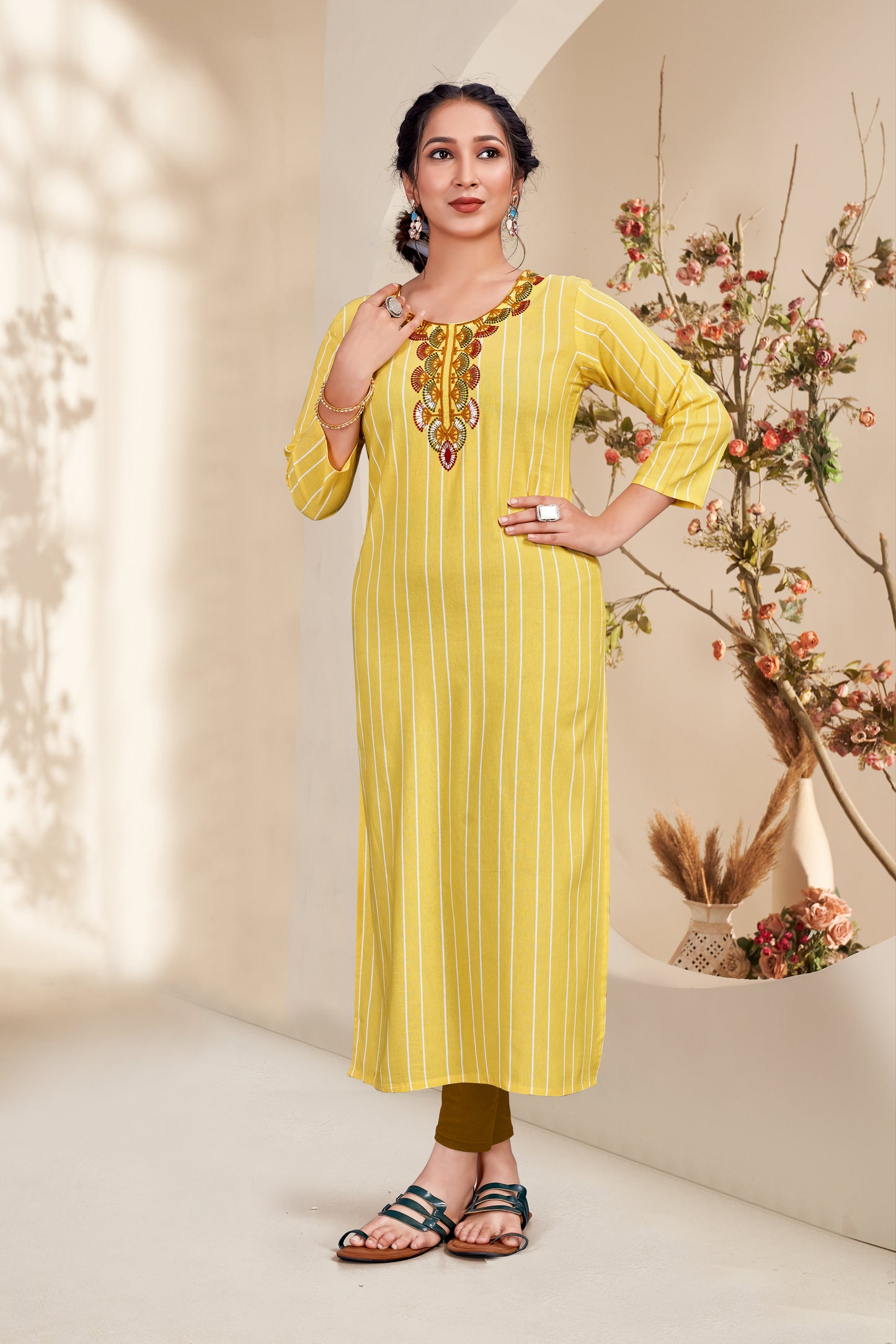 Yellow Cotten Mahi Embroidered Kurti