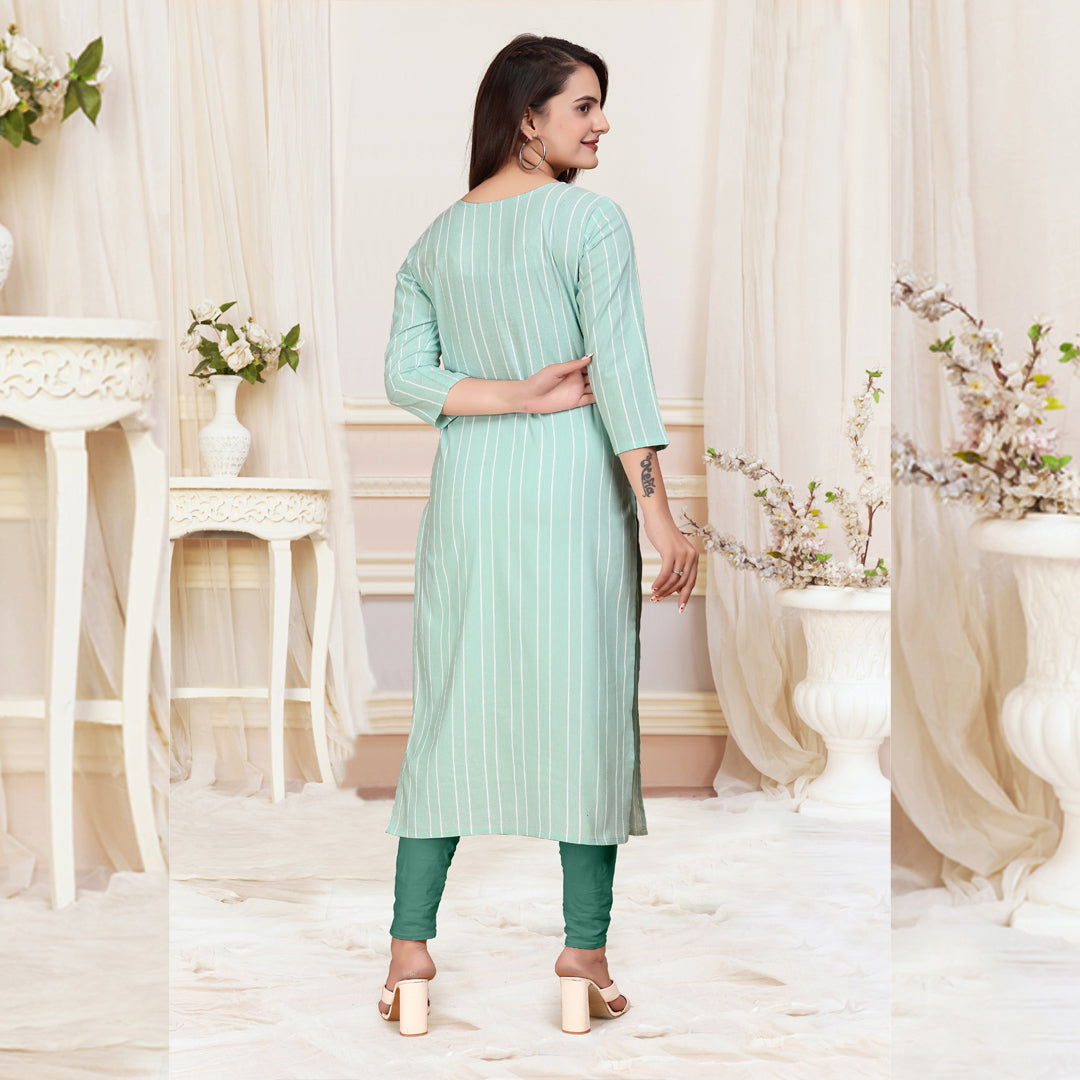 Greenish Cyan Cotten Kalindi Embroidered Kurti