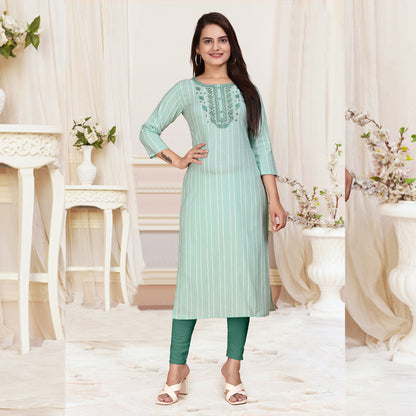 Greenish Cyan Cotten Kalindi Embroidered Kurti