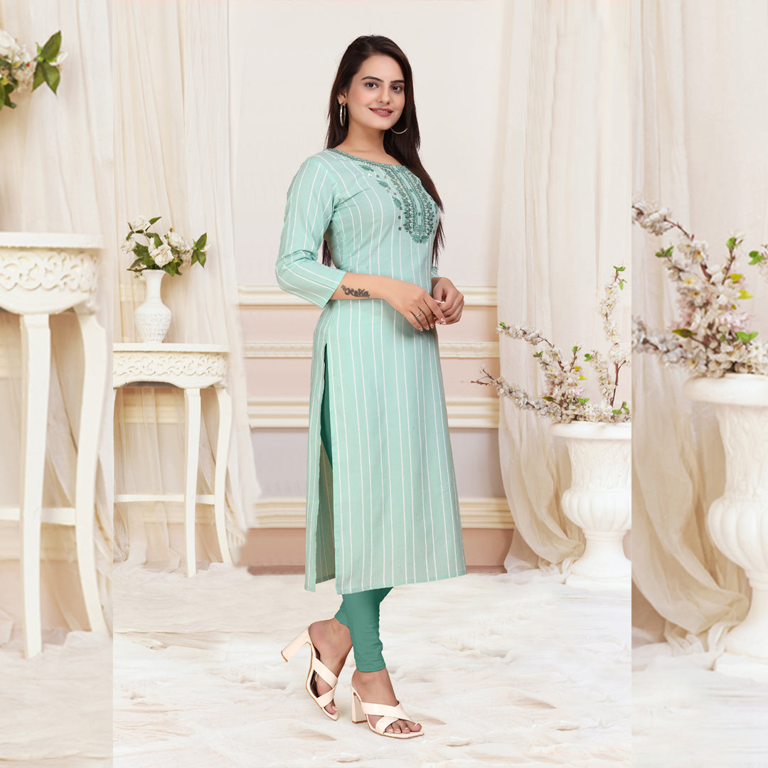 Greenish Cyan Cotten Kalindi Embroidered Kurti