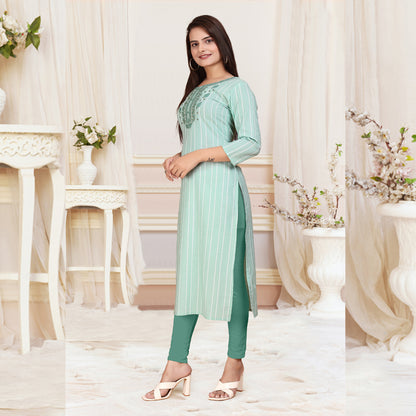 Greenish Cyan Cotten Kalindi Embroidered Kurti