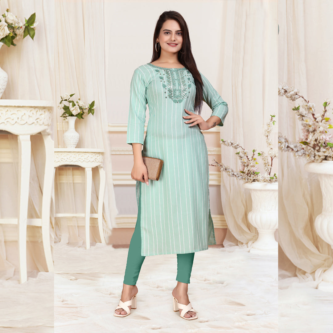 Greenish Cyan Cotten Kalindi Embroidered Kurti