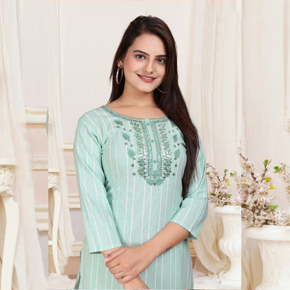 Greenish Cyan Cotten Kalindi Embroidered Kurti