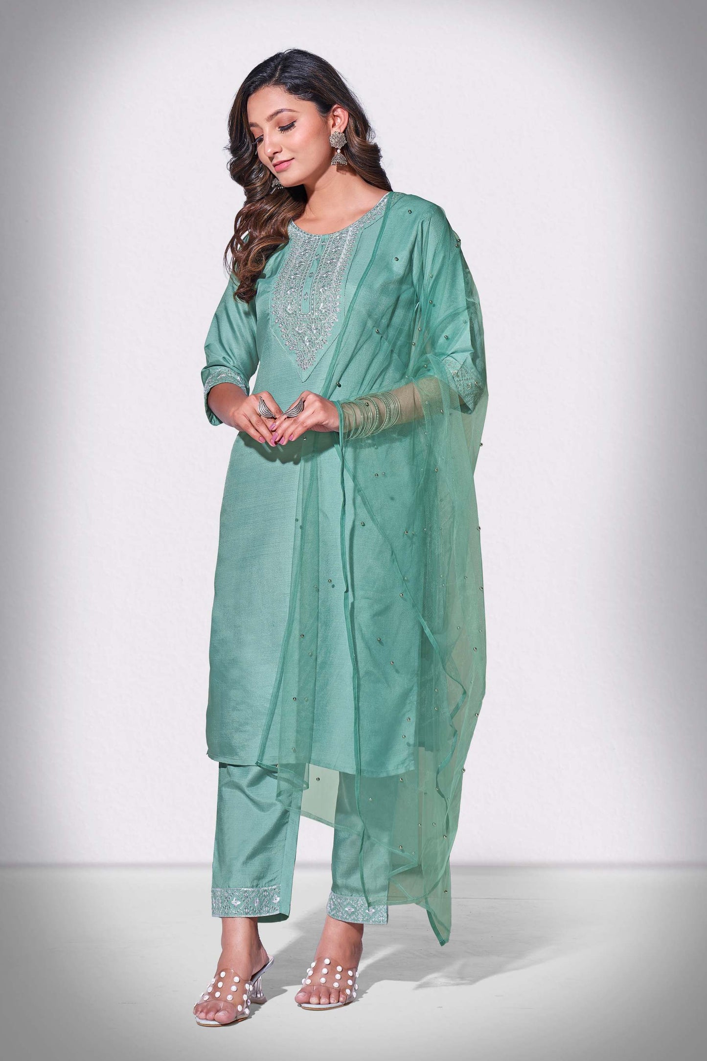 Shadow Green Rang Embroidered Kurti With Pant & Dupatta