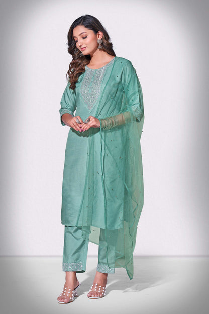 Shadow Green Rang Embroidered Kurti With Pant & Dupatta