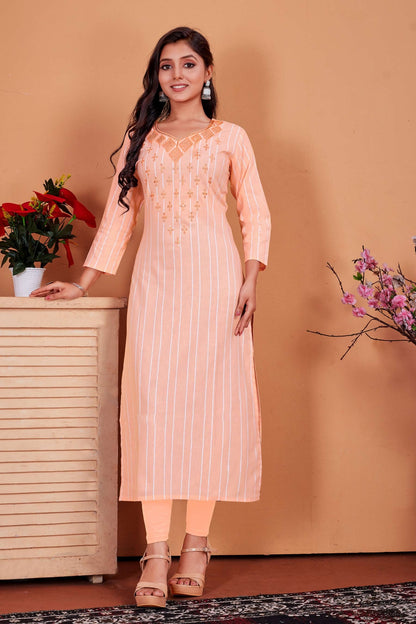 Peach Cotten Embroidered Kurti