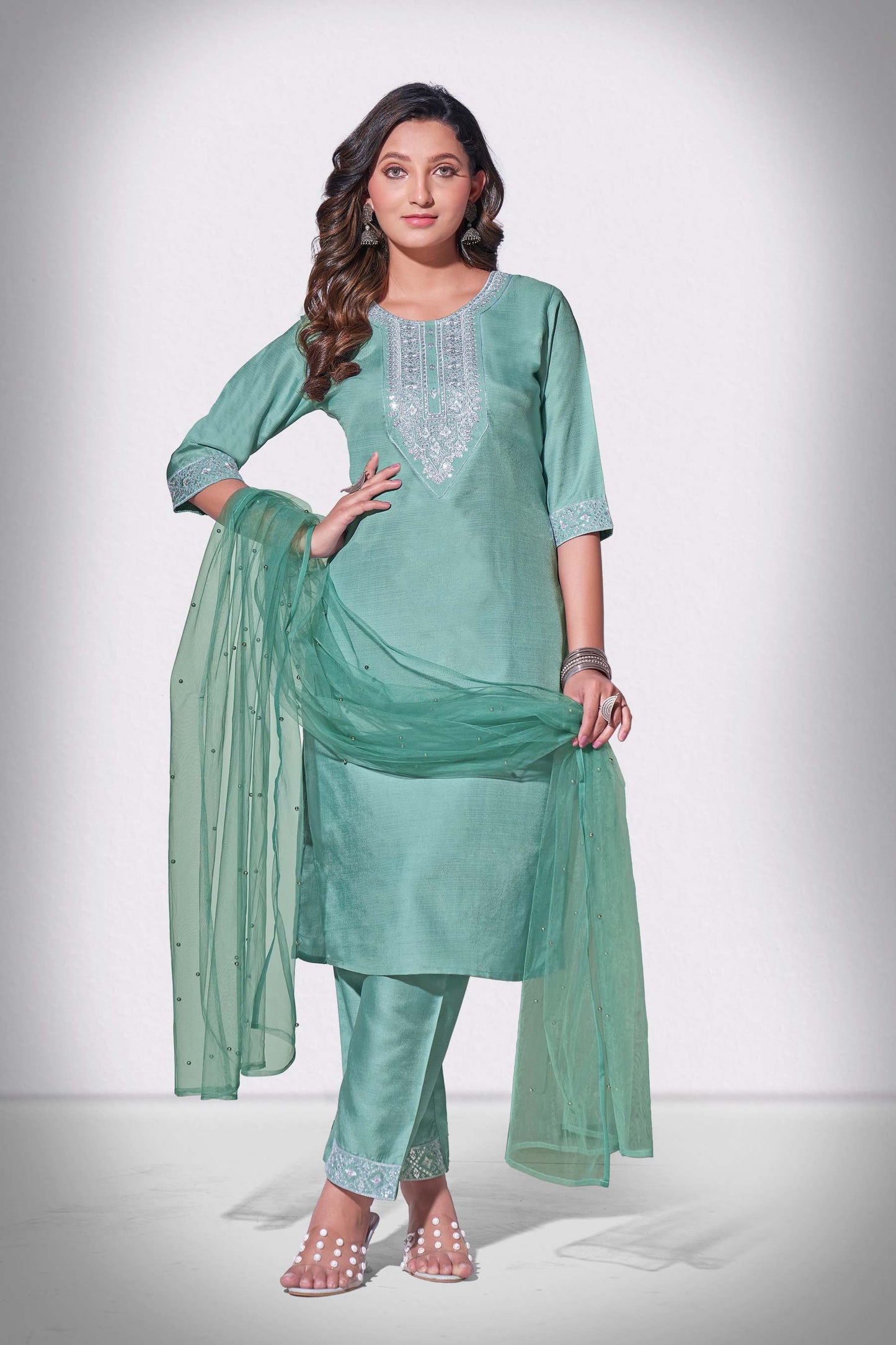 Shadow Green Rang Embroidered Kurti With Pant & Dupatta