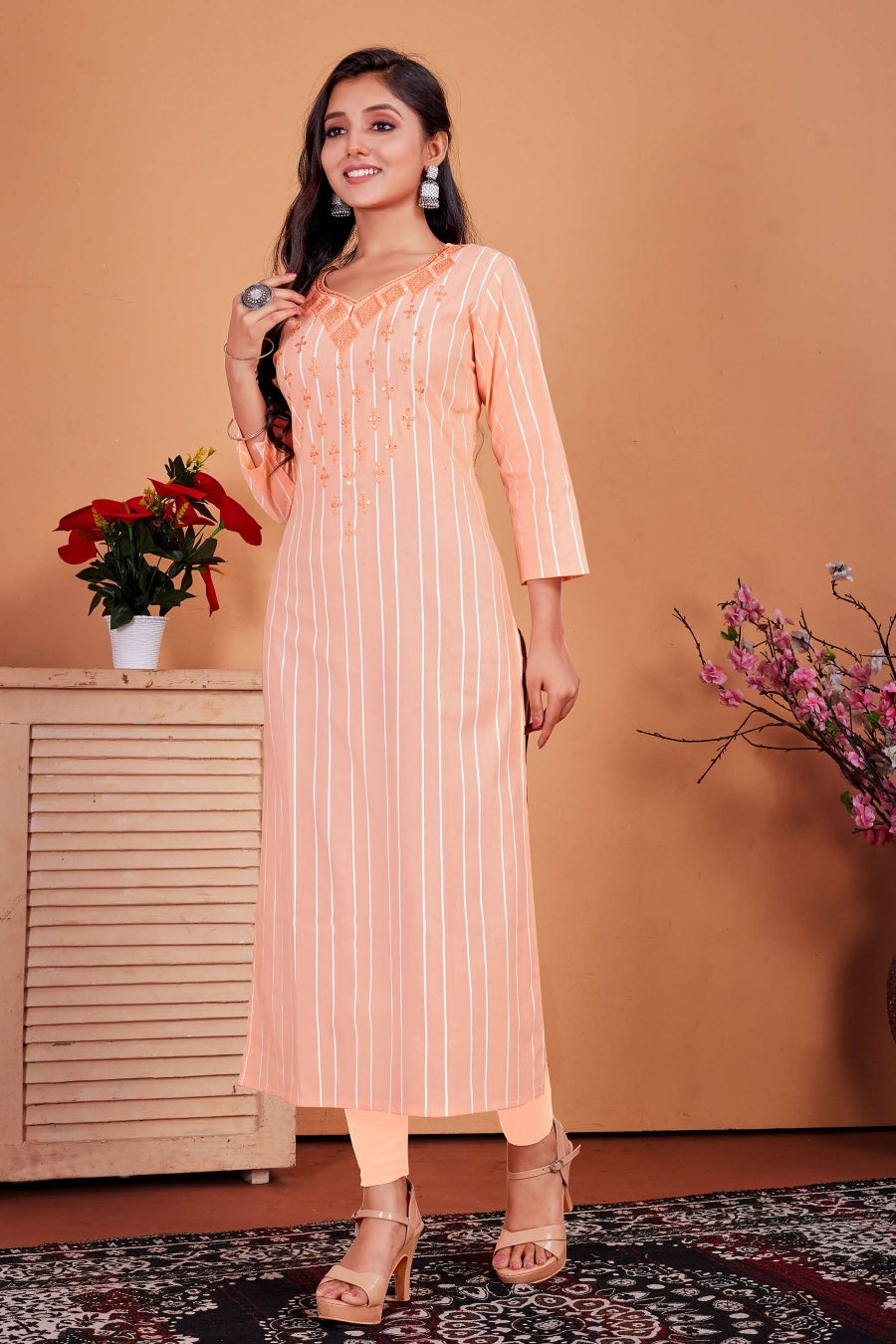 Peach Cotten Embroidered Kurti