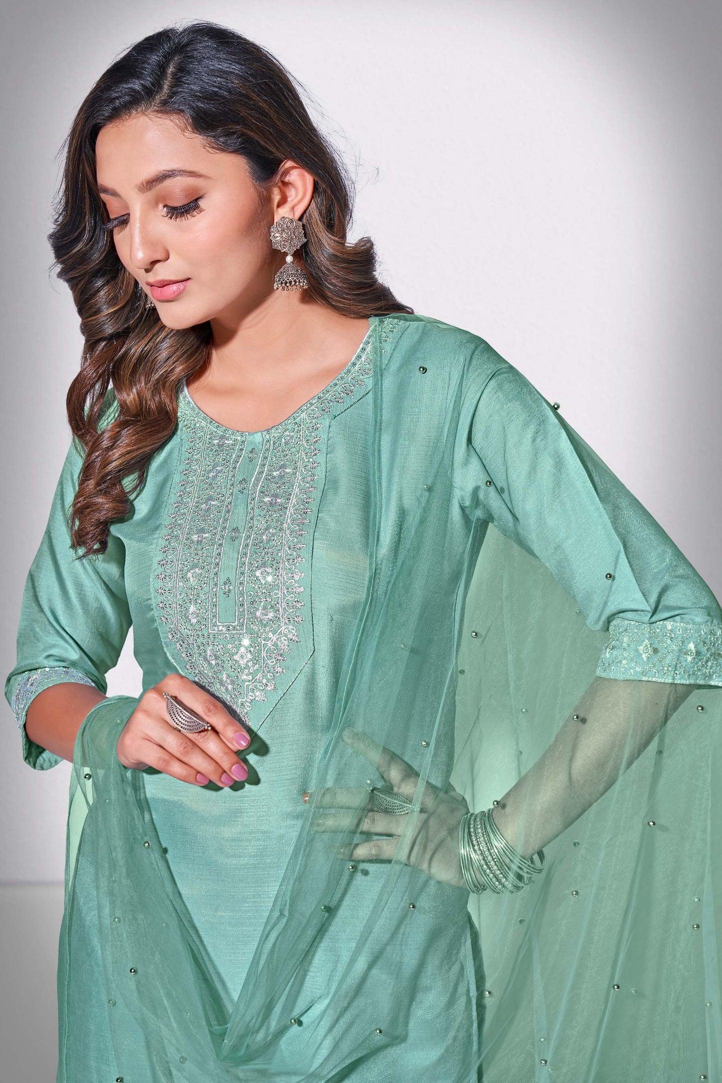 Shadow Green Rang Embroidered Kurti With Pant & Dupatta