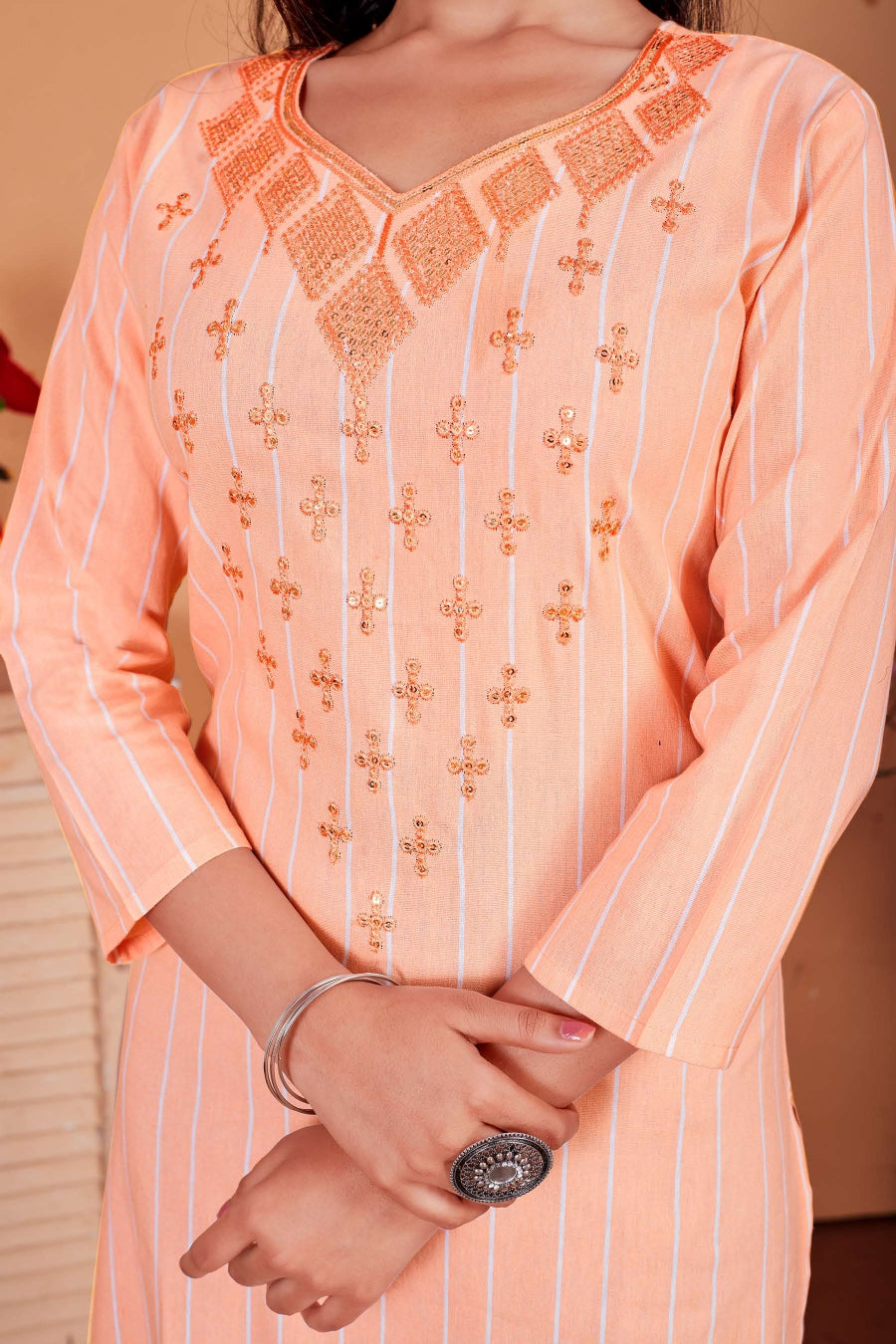 Peach Cotten Embroidered Kurti