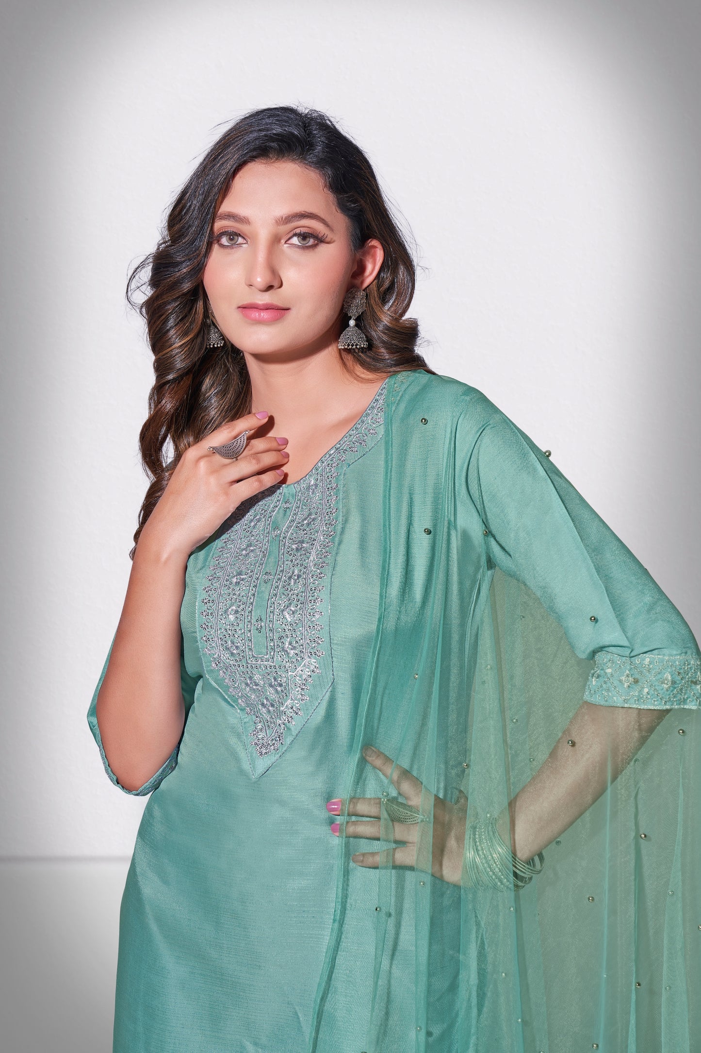 Shadow Green Rang Embroidered Kurti With Pant & Dupatta