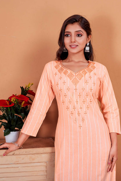 Peach Cotten Embroidered Kurti