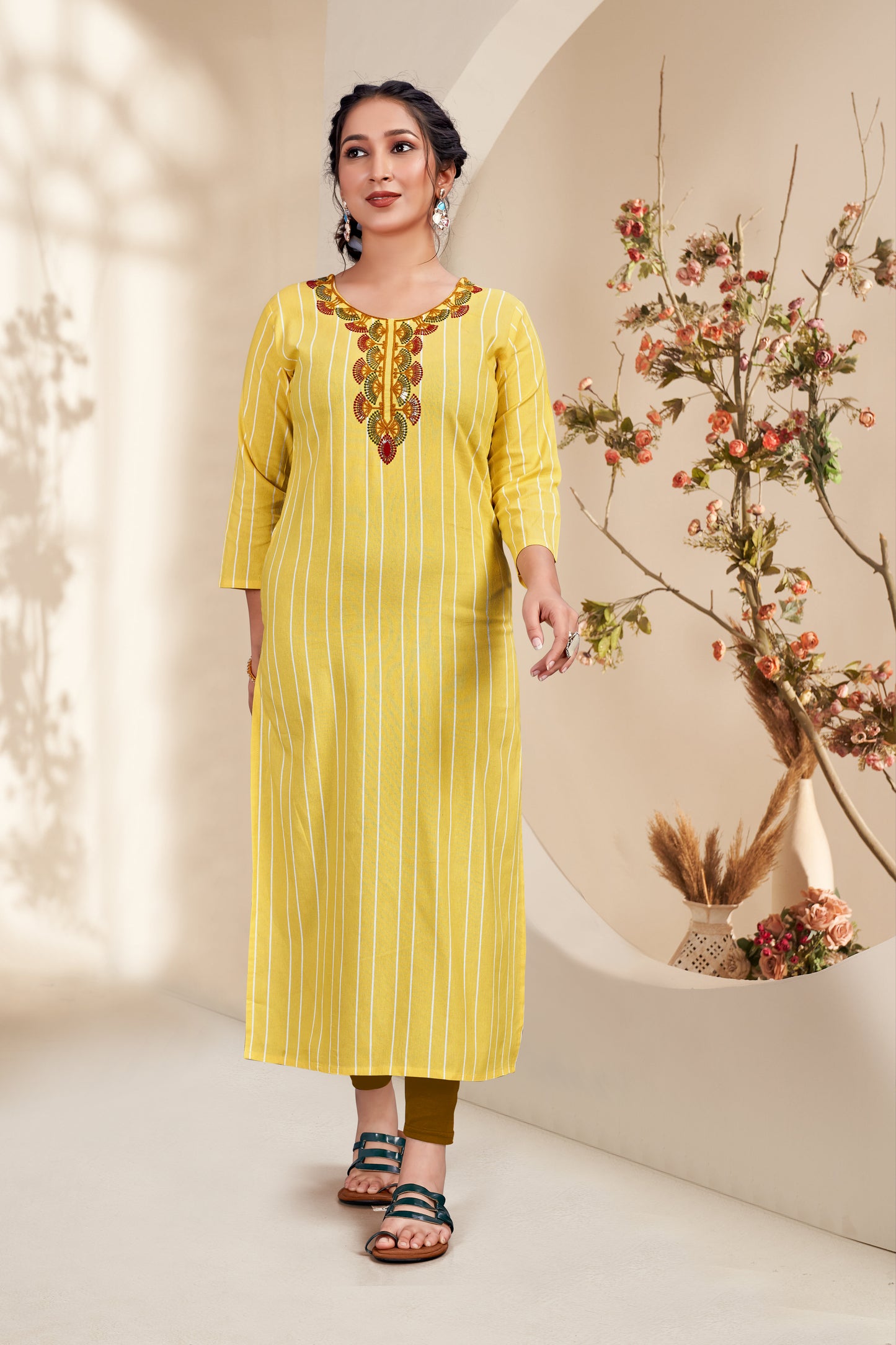 Yellow Cotten Mahi Embroidered Kurti