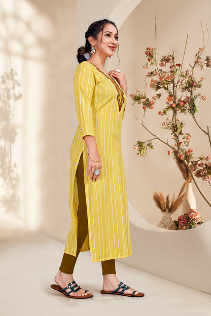 Yellow Cotten Mahi Embroidered Kurti