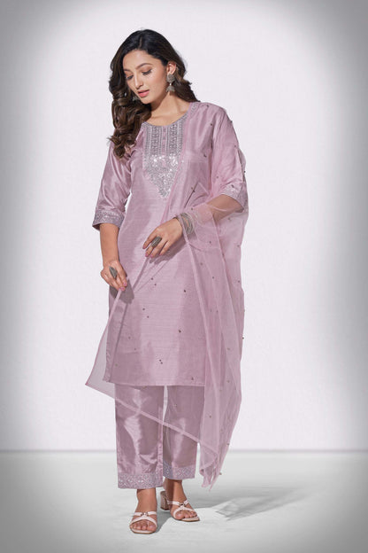 Mountbatten Pink Rang Embroidered Kurti With Pant & Dupatta