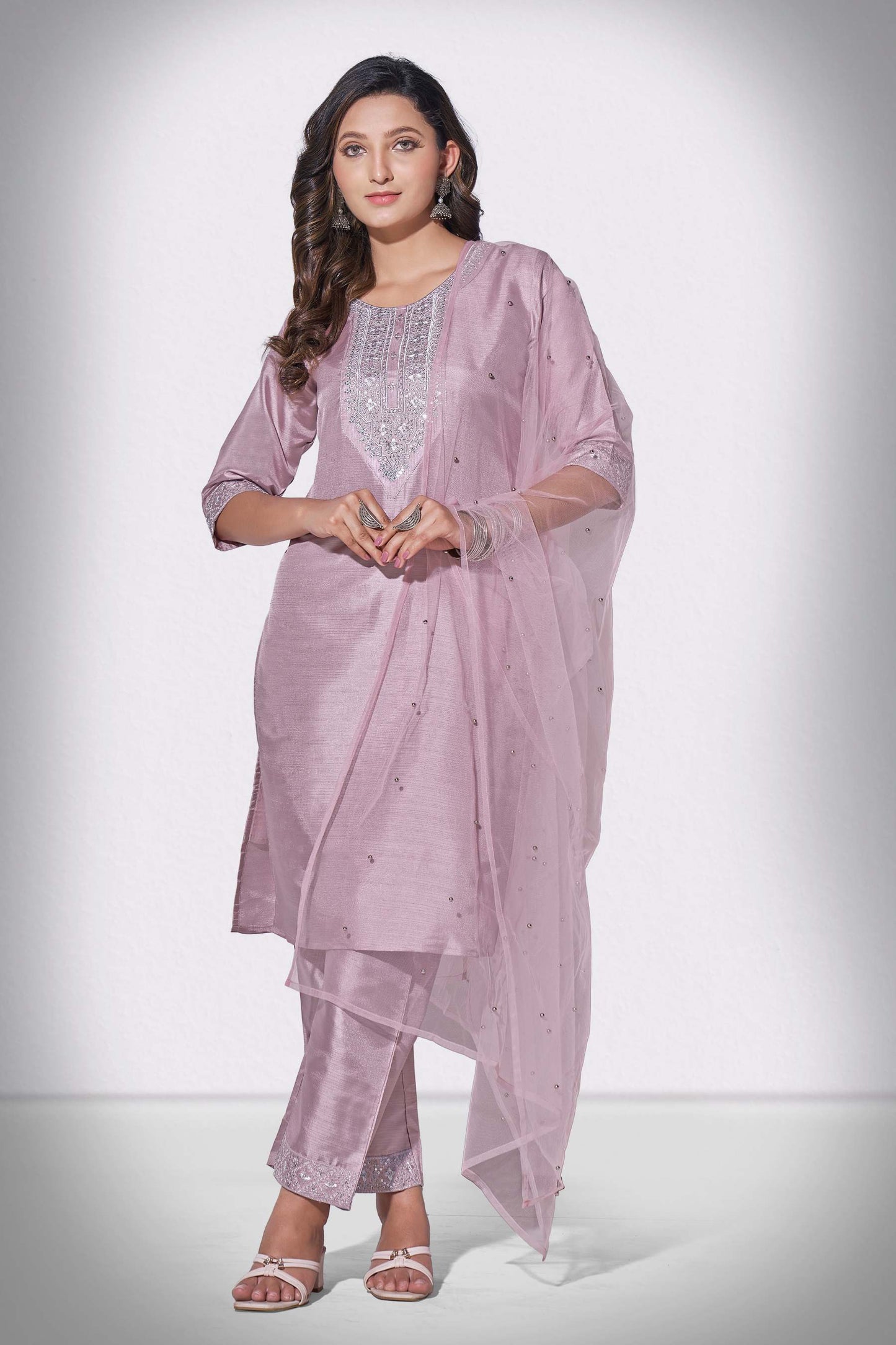 Mountbatten Pink Rang Embroidered Kurti With Pant & Dupatta