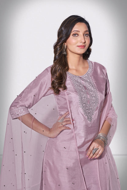 Mountbatten Pink Rang Embroidered Kurti With Pant & Dupatta