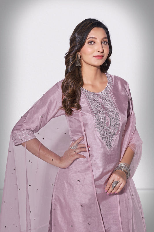 Mountbatten Pink Rang Embroidered Kurti With Pant & Dupatta