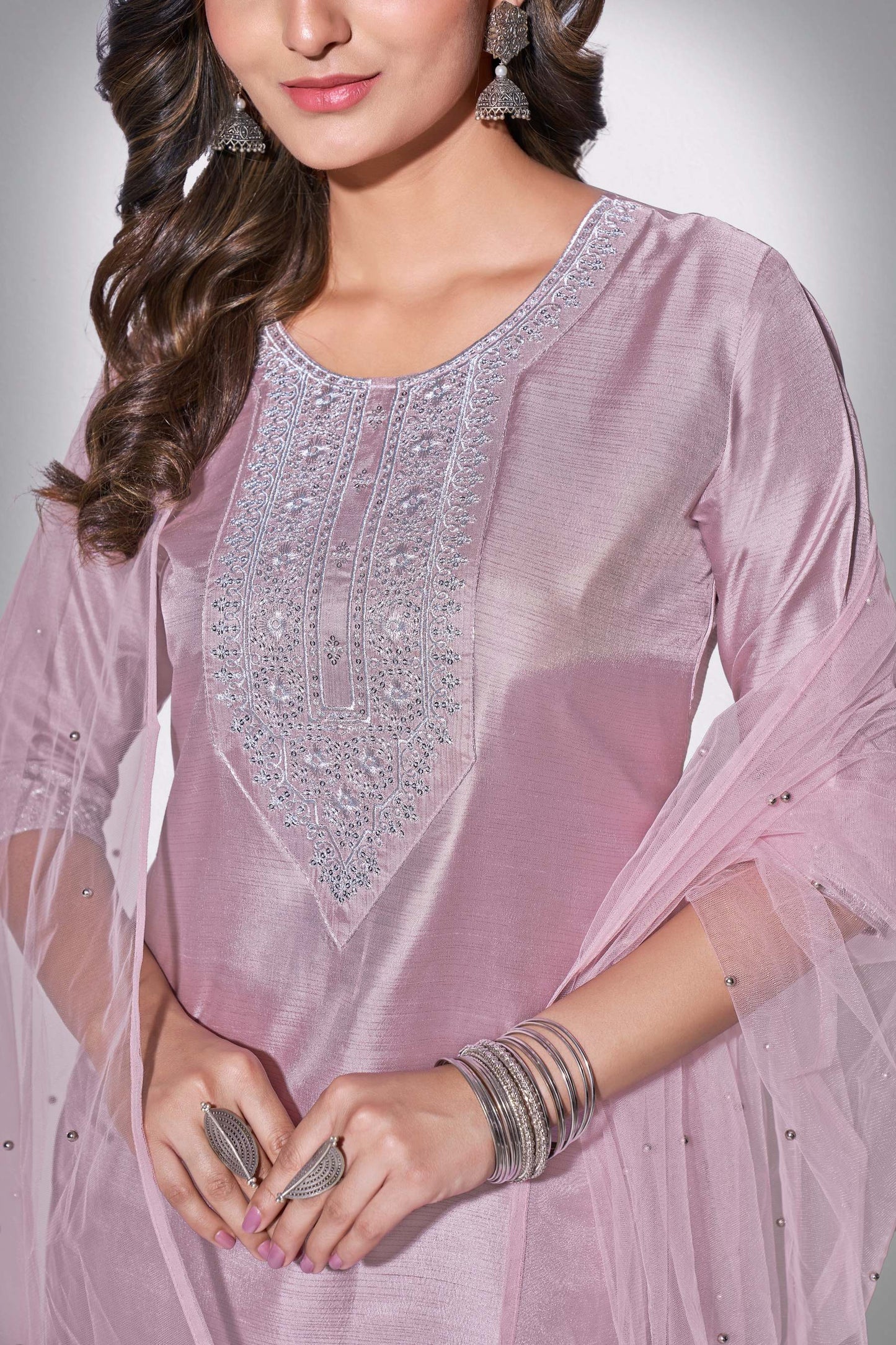 Mountbatten Pink Rang Embroidered Kurti With Pant & Dupatta