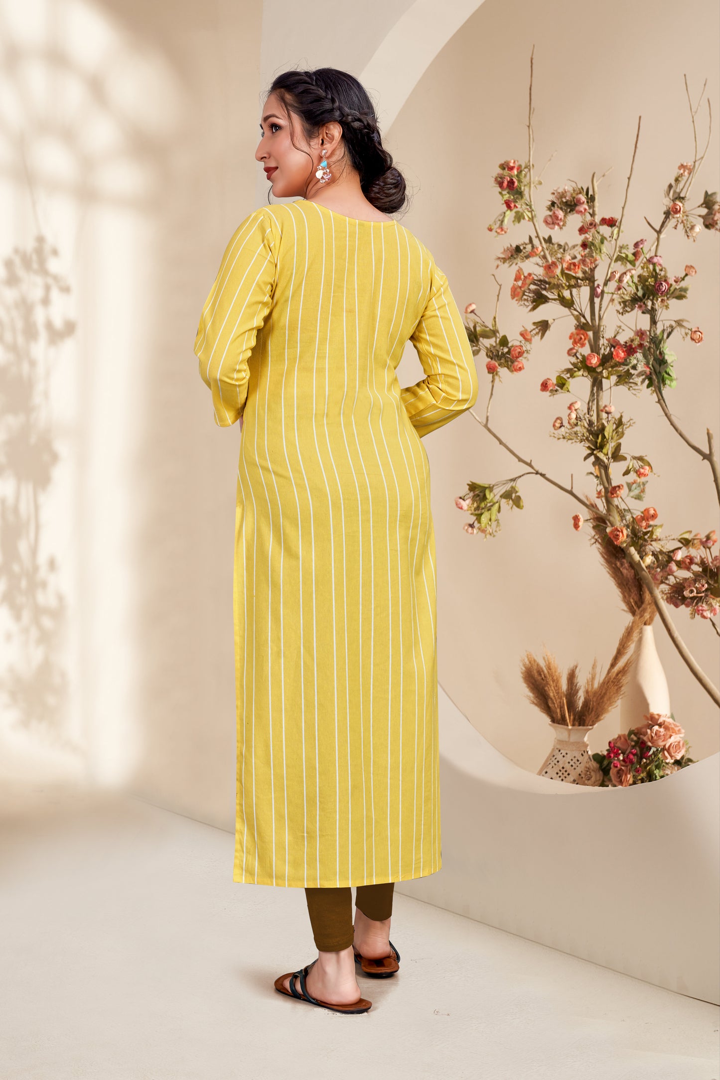 Yellow Cotten Mahi Embroidered Kurti