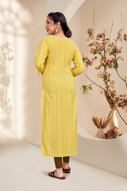 Yellow Cotten Mahi Embroidered Kurti