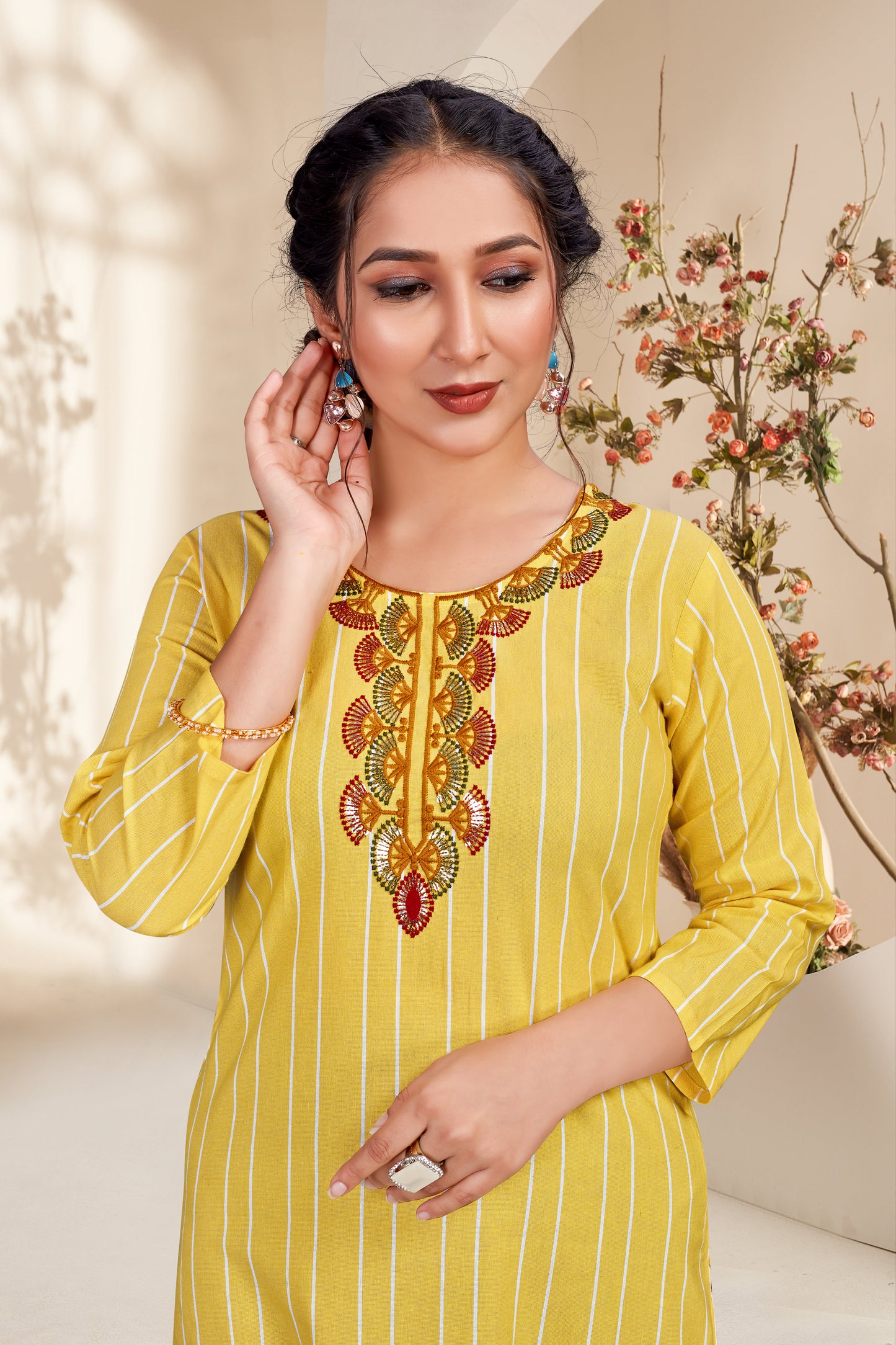 Yellow Cotten Mahi Embroidered Kurti