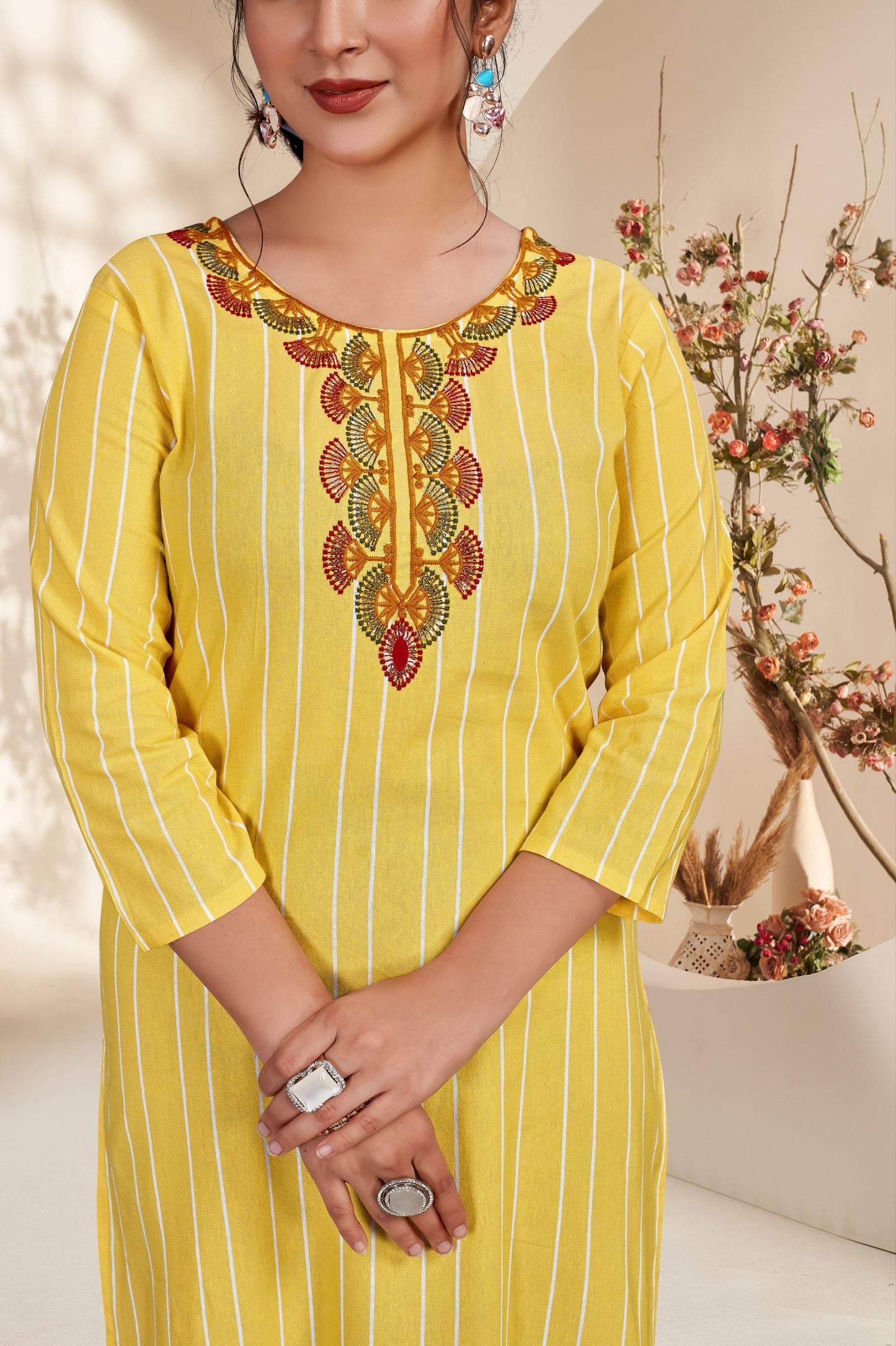 Yellow Cotten Mahi Embroidered Kurti